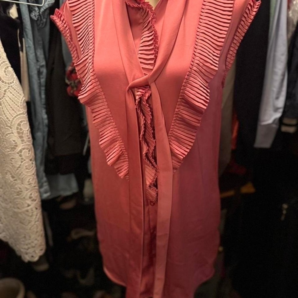 Coach Pink Sleeveless Satin Dress Pleated Ruffle Tie Neck Size 0 NEW